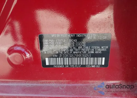 2009 Subaru Impreza 2.5Gt from USA, damaged, VIN JF1GH74629H816453